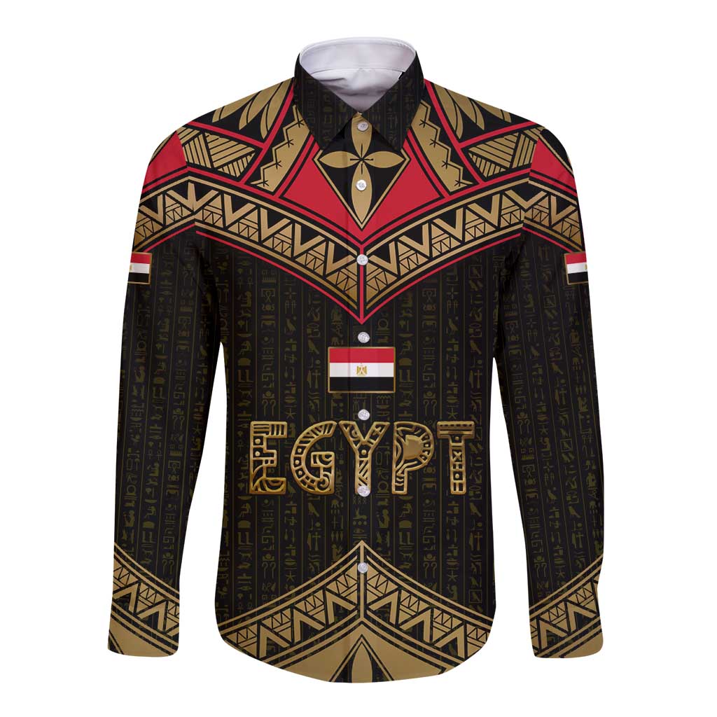 Ankh Eye of Horus Egypt Long Sleeve Button Shirt with Ancient Black Gold Hieroglyph Spirit