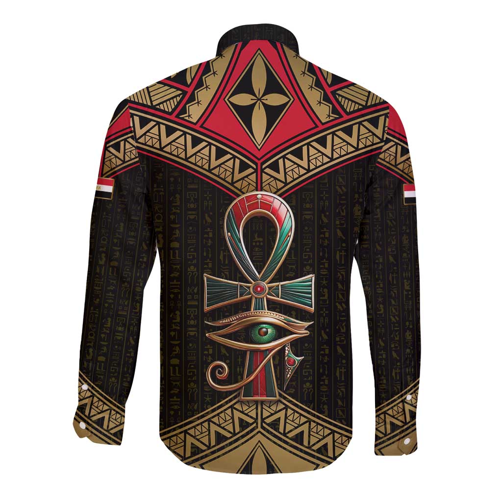 Ankh Eye of Horus Egypt Long Sleeve Button Shirt with Ancient Black Gold Hieroglyph Spirit