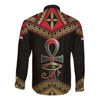 Ankh Eye of Horus Egypt Long Sleeve Button Shirt with Ancient Black Gold Hieroglyph Spirit