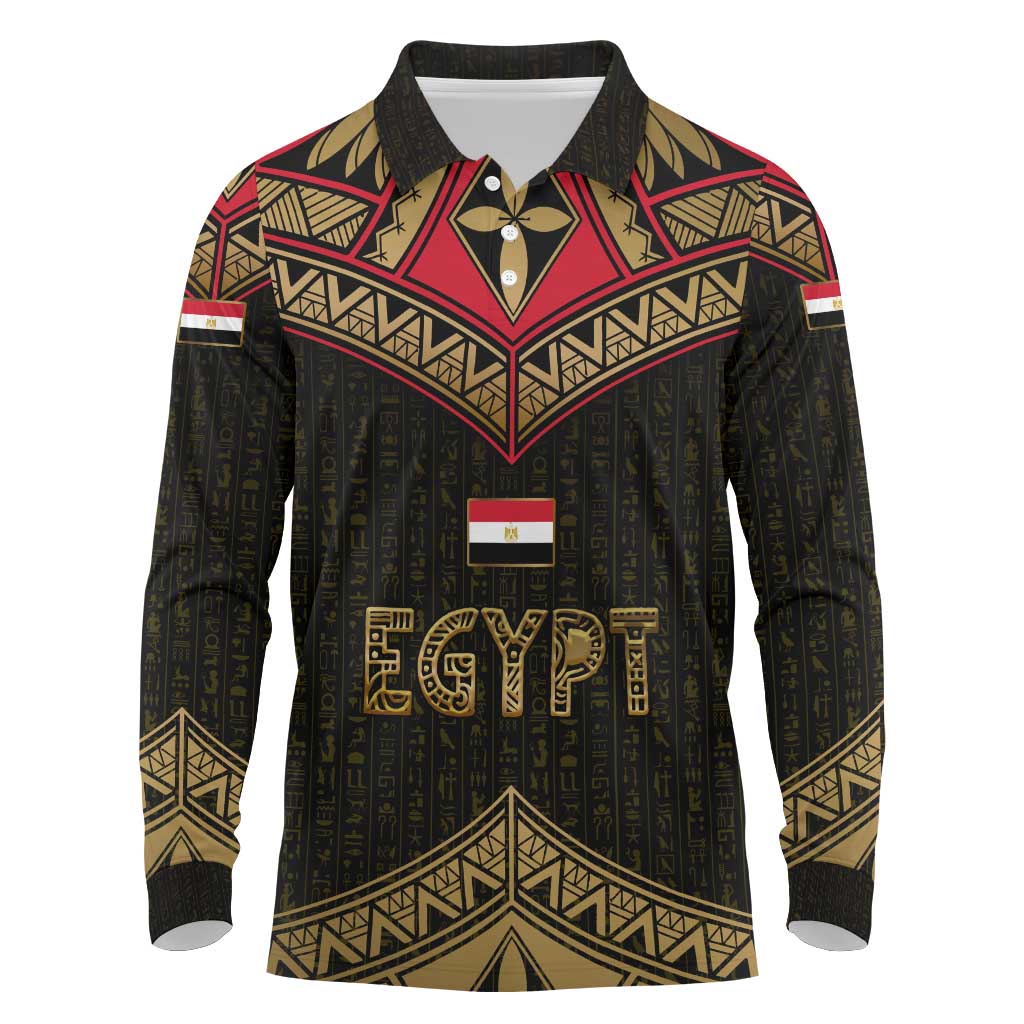 Ankh Eye of Horus Egypt Long Sleeve Polo Shirt with Ancient Black Gold Hieroglyph Spirit