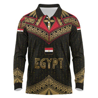 Ankh Eye of Horus Egypt Long Sleeve Polo Shirt with Ancient Black Gold Hieroglyph Spirit