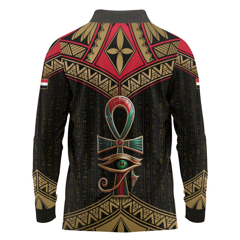 Ankh Eye of Horus Egypt Long Sleeve Polo Shirt with Ancient Black Gold Hieroglyph Spirit