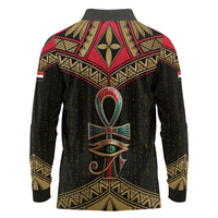 Ankh Eye of Horus Egypt Long Sleeve Polo Shirt with Ancient Black Gold Hieroglyph Spirit