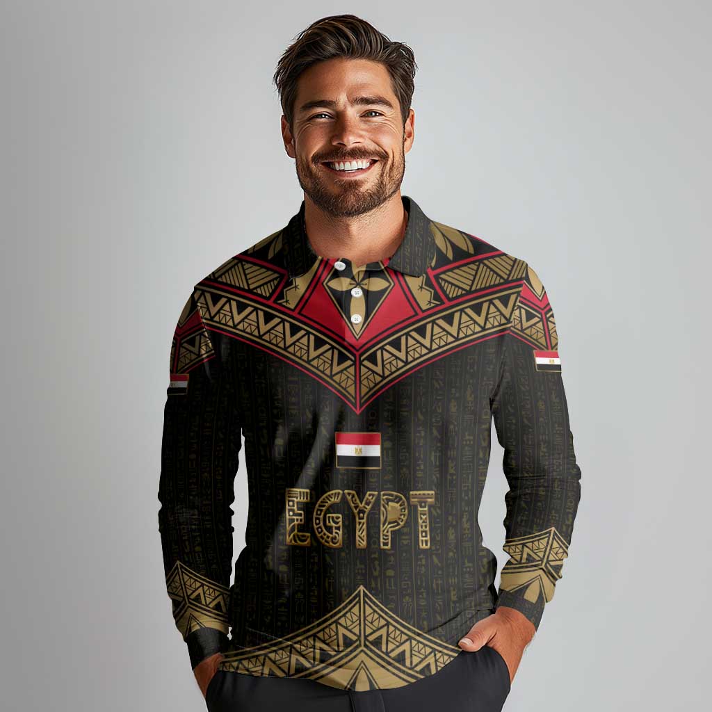 Ankh Eye of Horus Egypt Long Sleeve Polo Shirt with Ancient Black Gold Hieroglyph Spirit