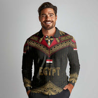 Ankh Eye of Horus Egypt Long Sleeve Polo Shirt with Ancient Black Gold Hieroglyph Spirit