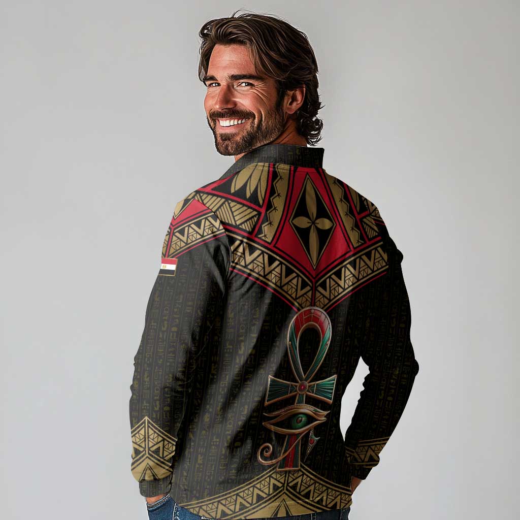 Ankh Eye of Horus Egypt Long Sleeve Polo Shirt with Ancient Black Gold Hieroglyph Spirit
