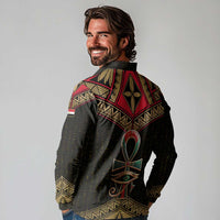 Ankh Eye of Horus Egypt Long Sleeve Polo Shirt with Ancient Black Gold Hieroglyph Spirit