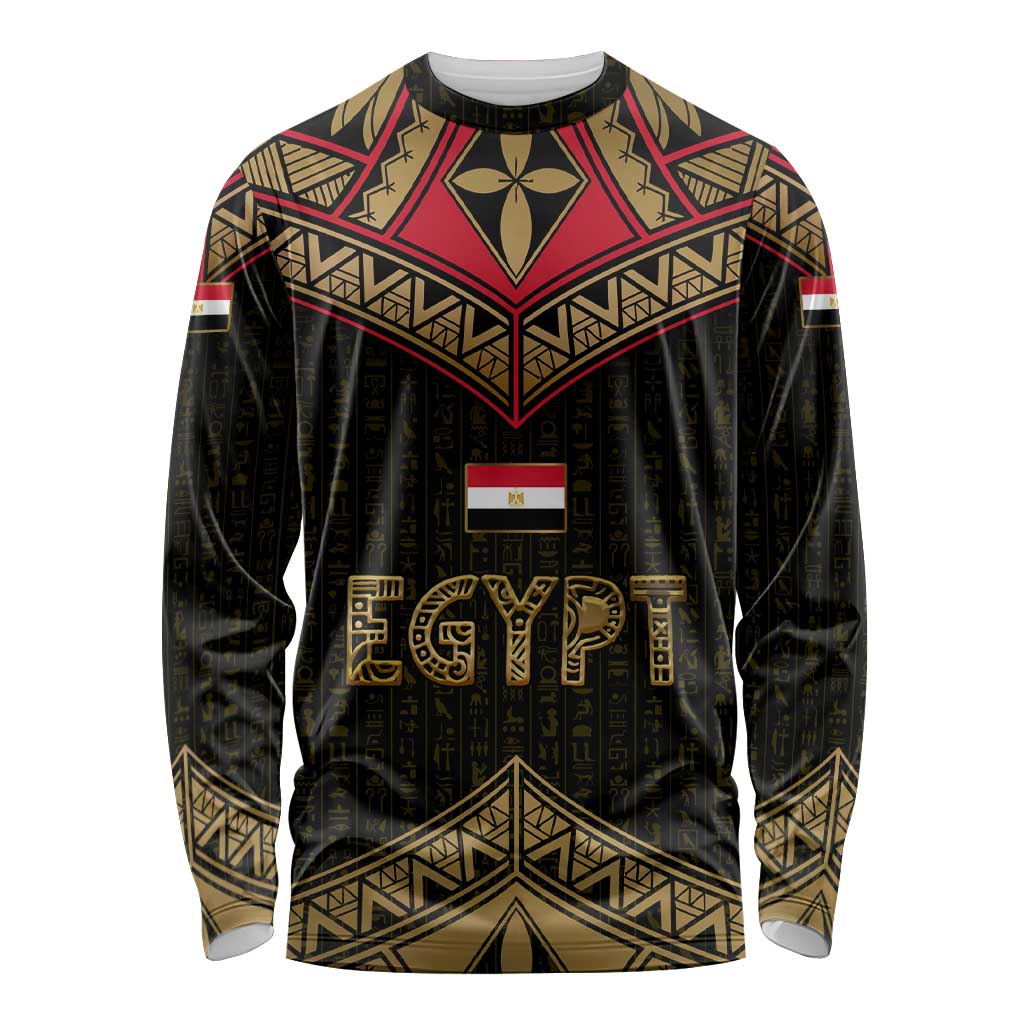 Ankh Eye of Horus Egypt Long Sleeve Shirt with Ancient Black Gold Hieroglyph Spirit