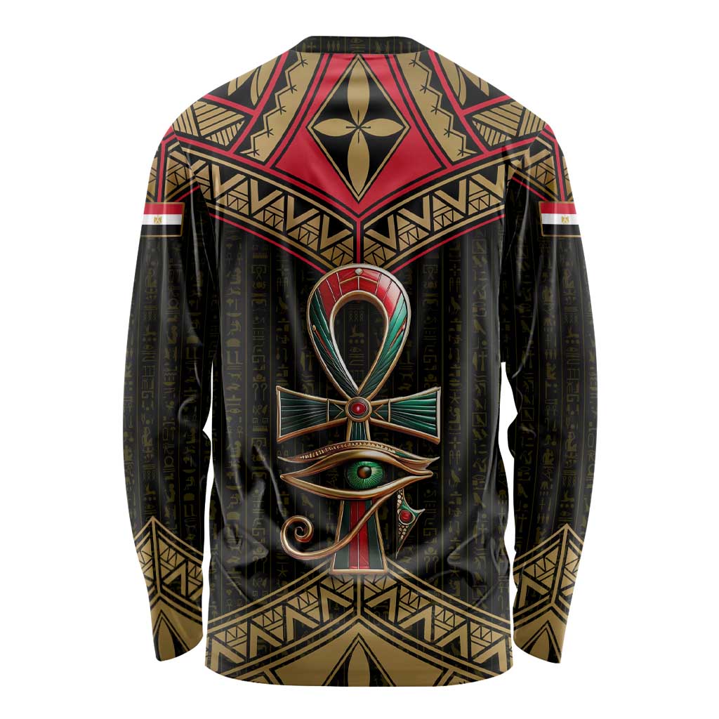 Ankh Eye of Horus Egypt Long Sleeve Shirt with Ancient Black Gold Hieroglyph Spirit