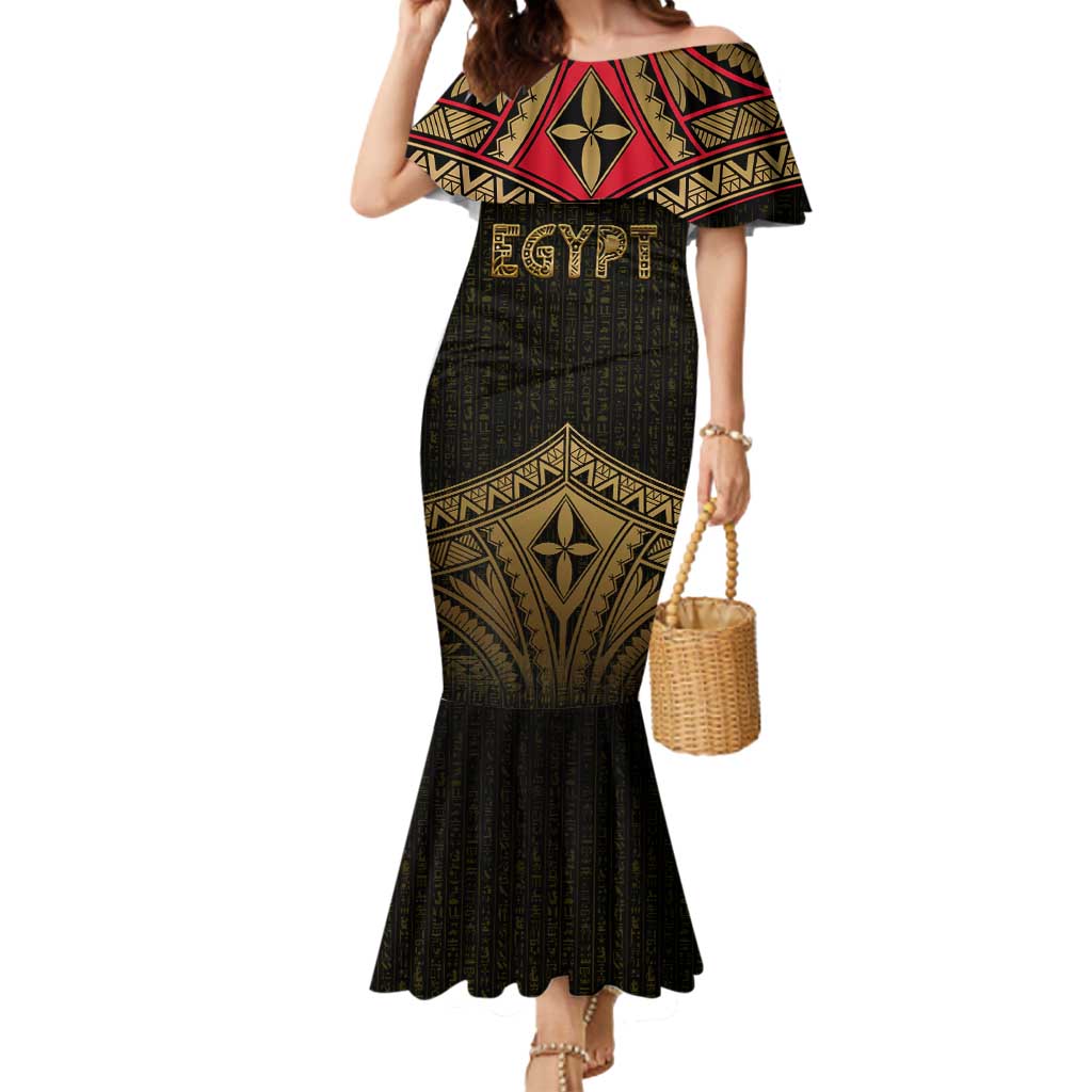 Ankh Eye of Horus Egypt Mermaid Dress with Ancient Black Gold Hieroglyph Spirit