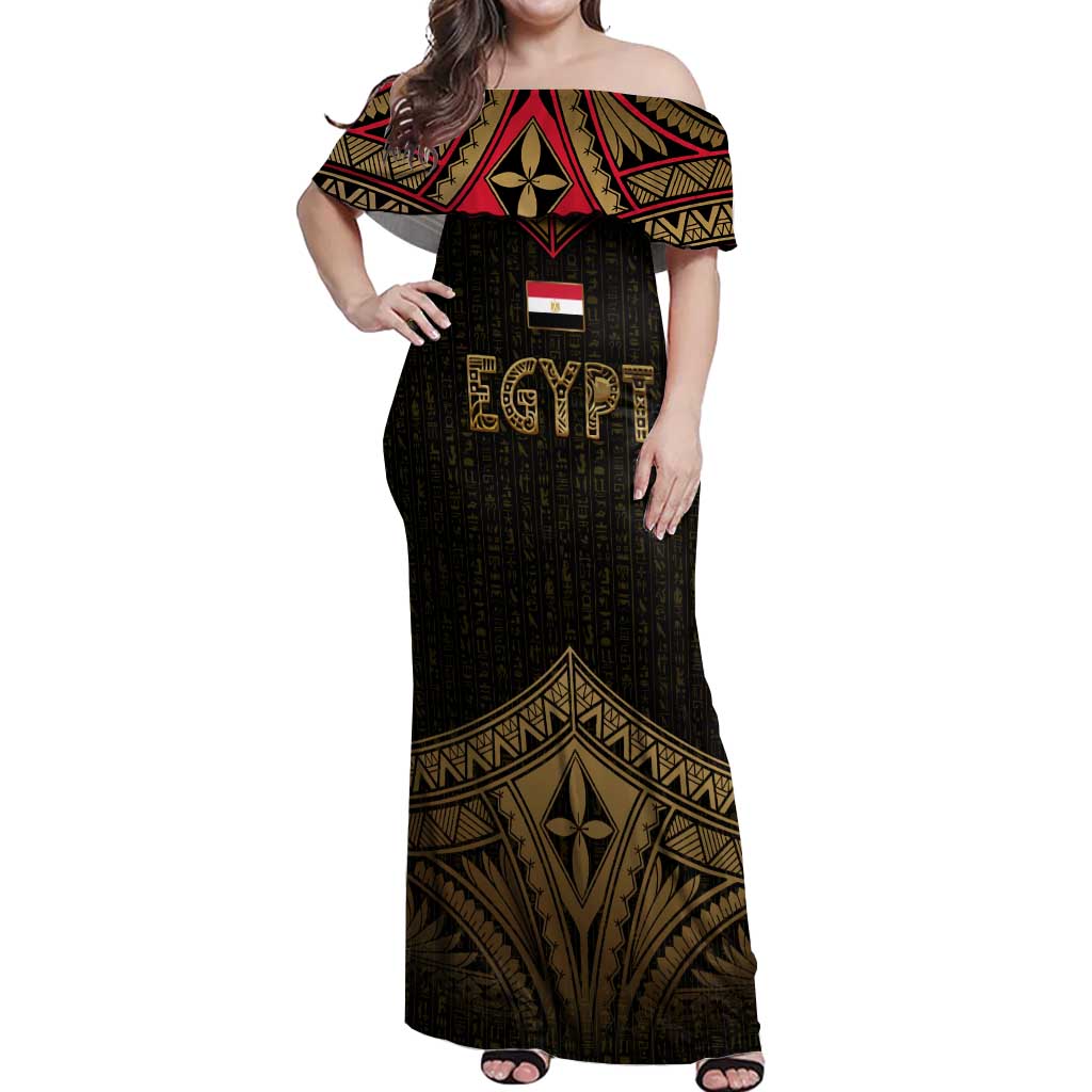 Ankh Eye of Horus Egypt Off Shoulder Maxi Dress with Ancient Black Gold Hieroglyph Spirit