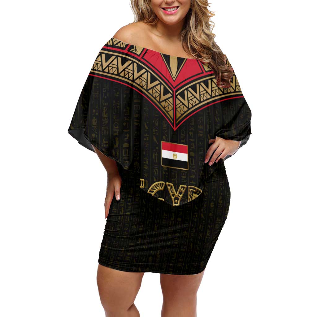 Ankh Eye of Horus Egypt Off Shoulder Short Dress with Ancient Black Gold Hieroglyph Spirit