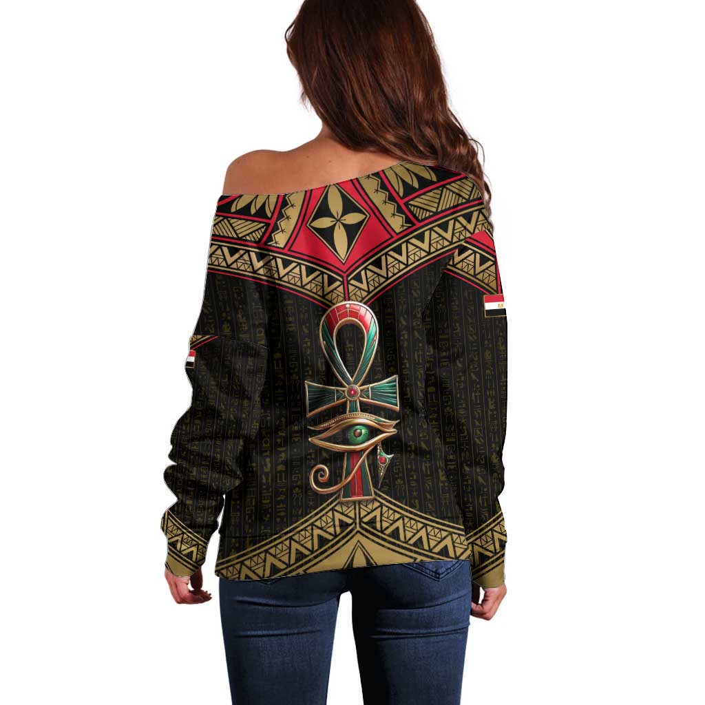 Ankh Eye of Horus Egypt Off Shoulder Sweater with Ancient Black Gold Hieroglyph Spirit