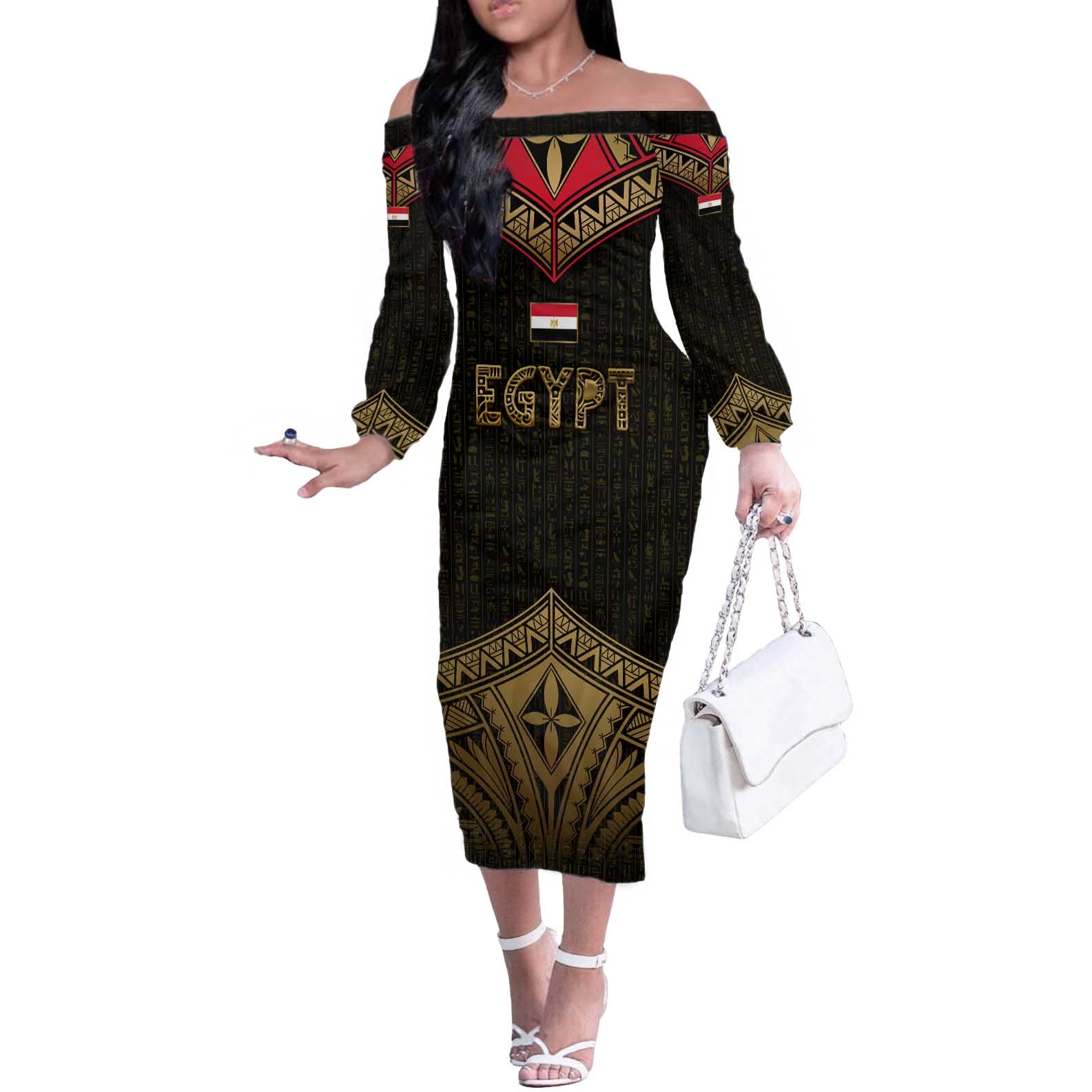 Ankh Eye of Horus Egypt Off The Shoulder Long Sleeve Dress with Ancient Black Gold Hieroglyph Spirit