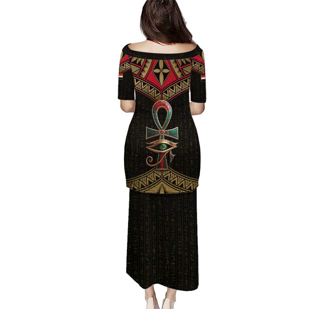 Ankh Eye of Horus Egypt Puletasi with Ancient Black Gold Hieroglyph Spirit