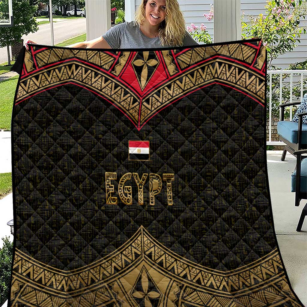 Ankh Eye of Horus Egypt Quilt with Ancient Black Gold Hieroglyph Spirit