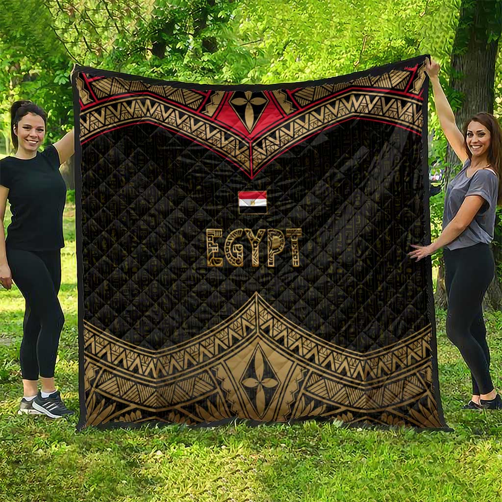 Ankh Eye of Horus Egypt Quilt with Ancient Black Gold Hieroglyph Spirit