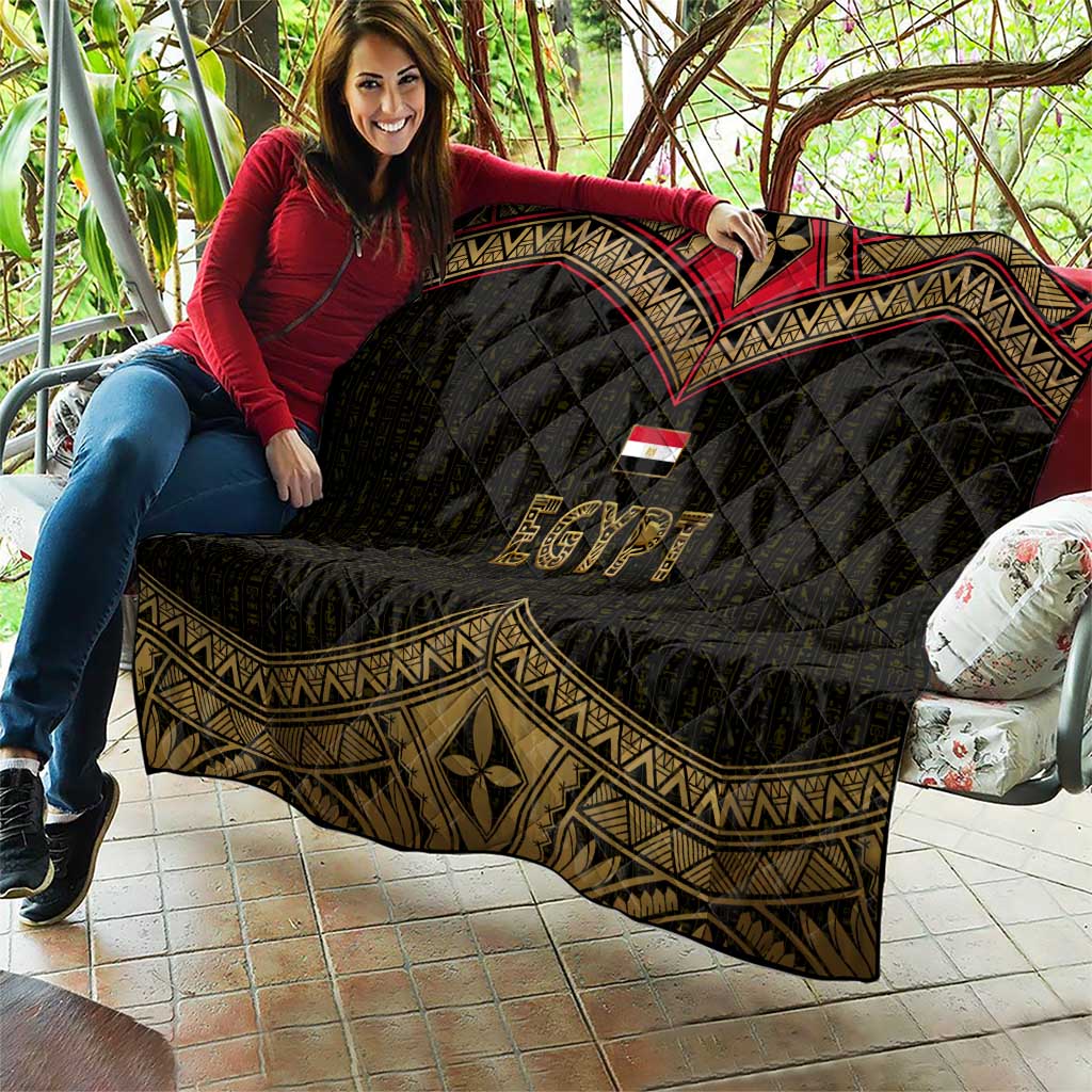 Ankh Eye of Horus Egypt Quilt with Ancient Black Gold Hieroglyph Spirit