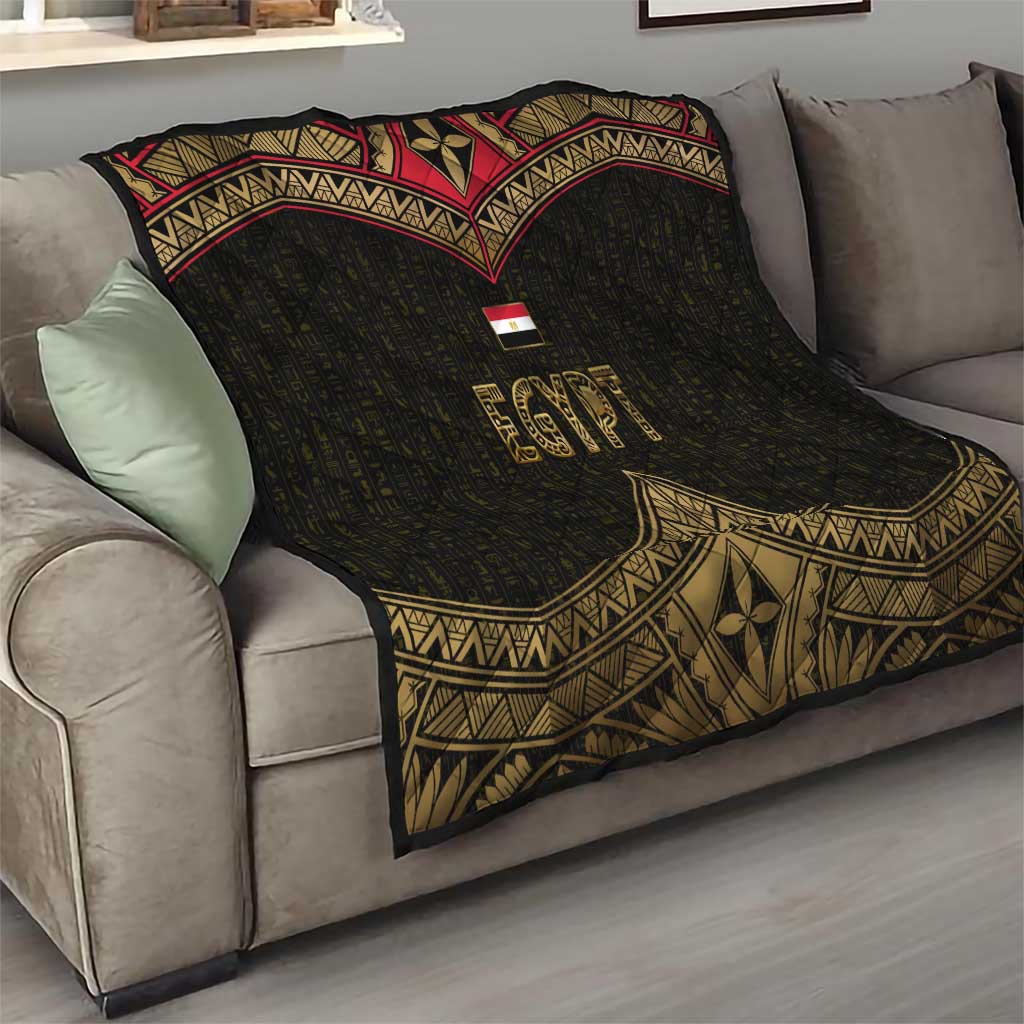 Ankh Eye of Horus Egypt Quilt with Ancient Black Gold Hieroglyph Spirit