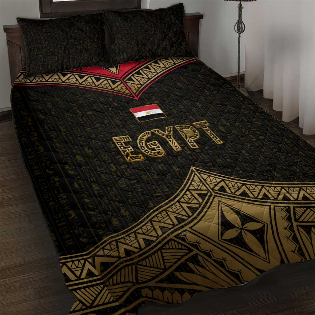 Ankh Eye of Horus Egypt Quilt Bed Set with Ancient Black Gold Hieroglyph Spirit