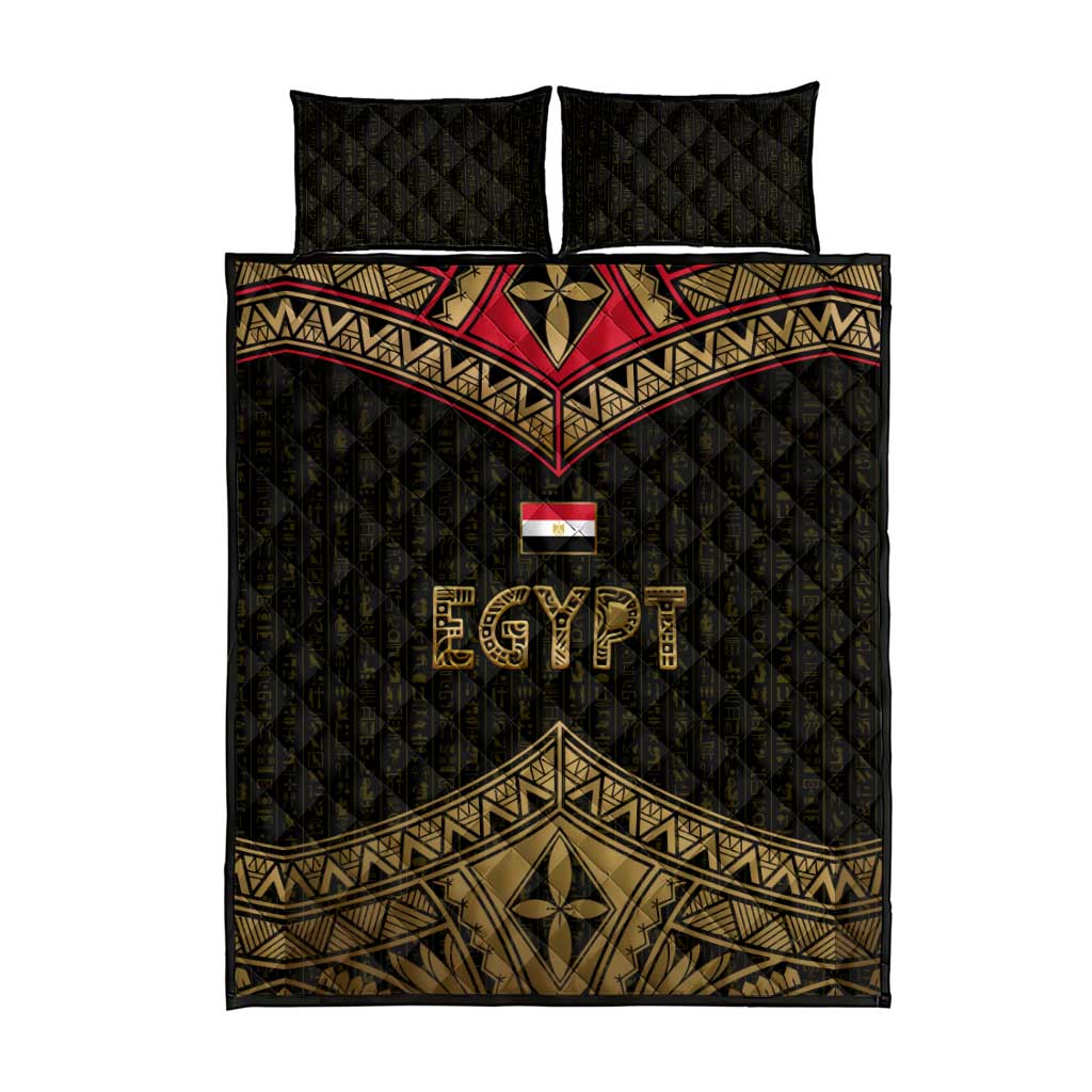 Ankh Eye of Horus Egypt Quilt Bed Set with Ancient Black Gold Hieroglyph Spirit