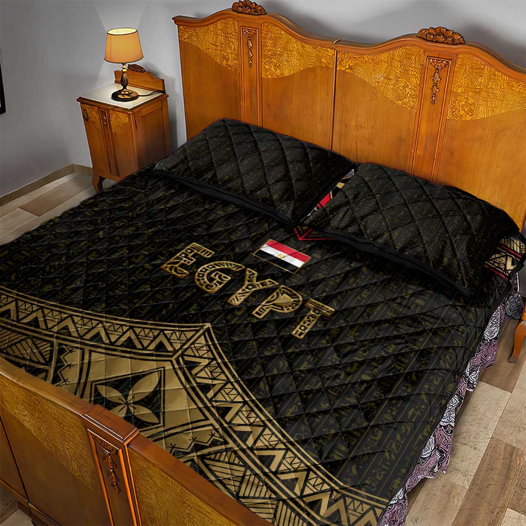 Ankh Eye of Horus Egypt Quilt Bed Set with Ancient Black Gold Hieroglyph Spirit