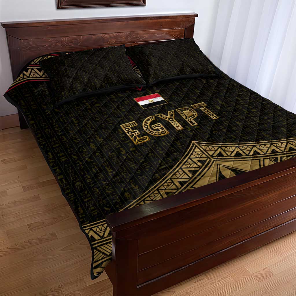 Ankh Eye of Horus Egypt Quilt Bed Set with Ancient Black Gold Hieroglyph Spirit