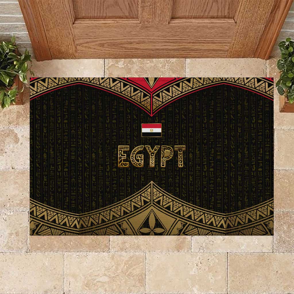 Ankh Eye of Horus Egypt Rubber Doormat with Ancient Black Gold Hieroglyph Spirit