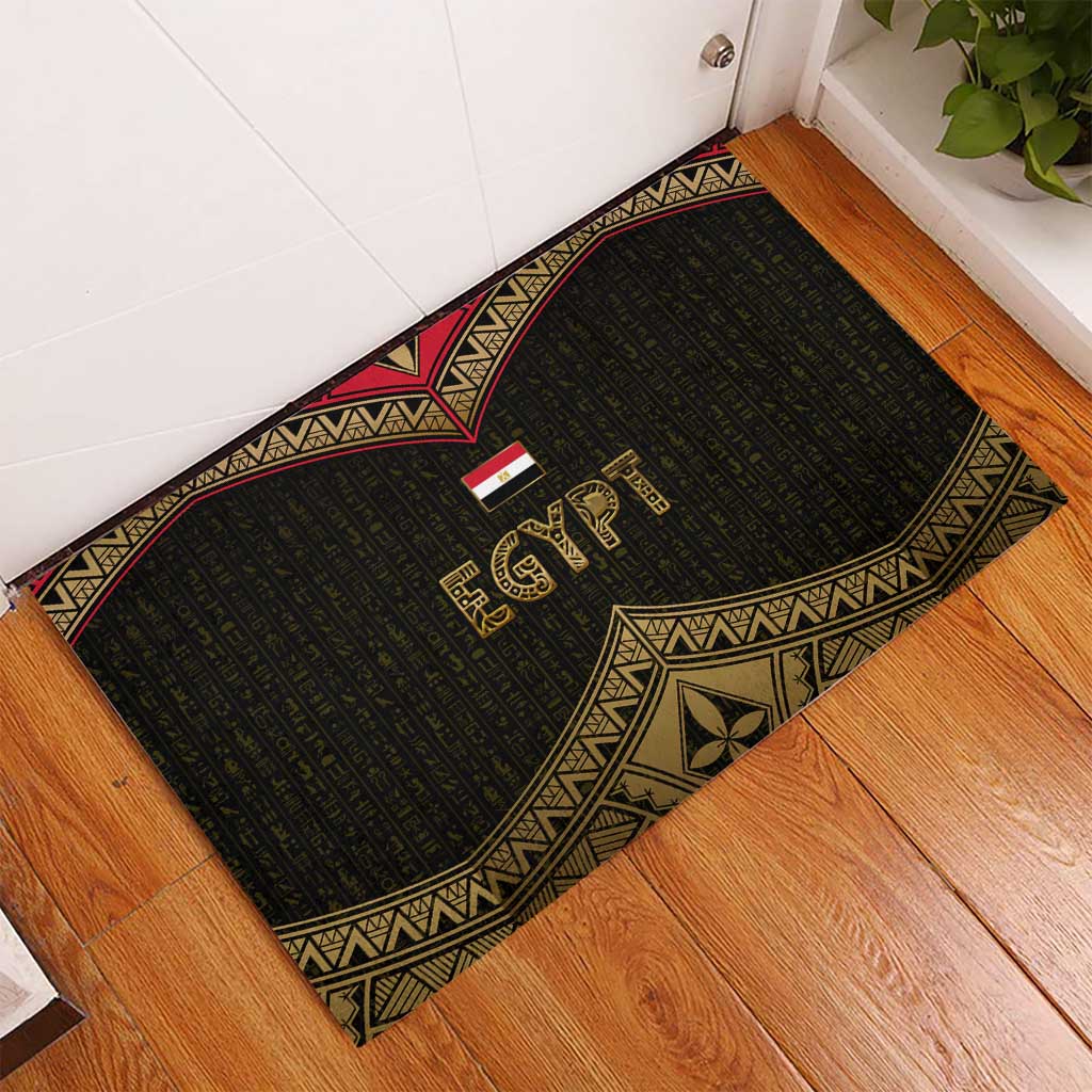 Ankh Eye of Horus Egypt Rubber Doormat with Ancient Black Gold Hieroglyph Spirit
