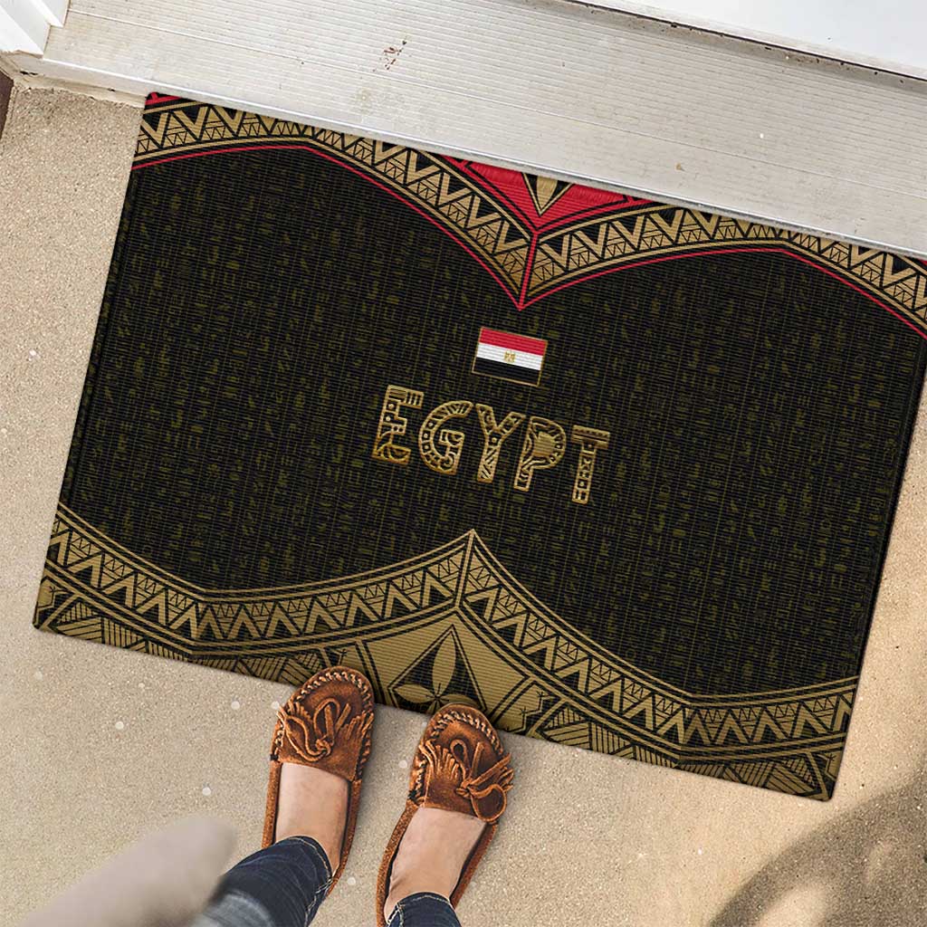 Ankh Eye of Horus Egypt Rubber Doormat with Ancient Black Gold Hieroglyph Spirit