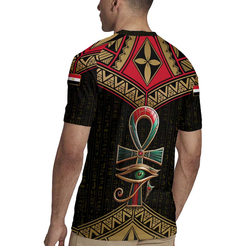 Ankh Eye of Horus Egypt Rugby Jersey with Ancient Black Gold Hieroglyph Spirit