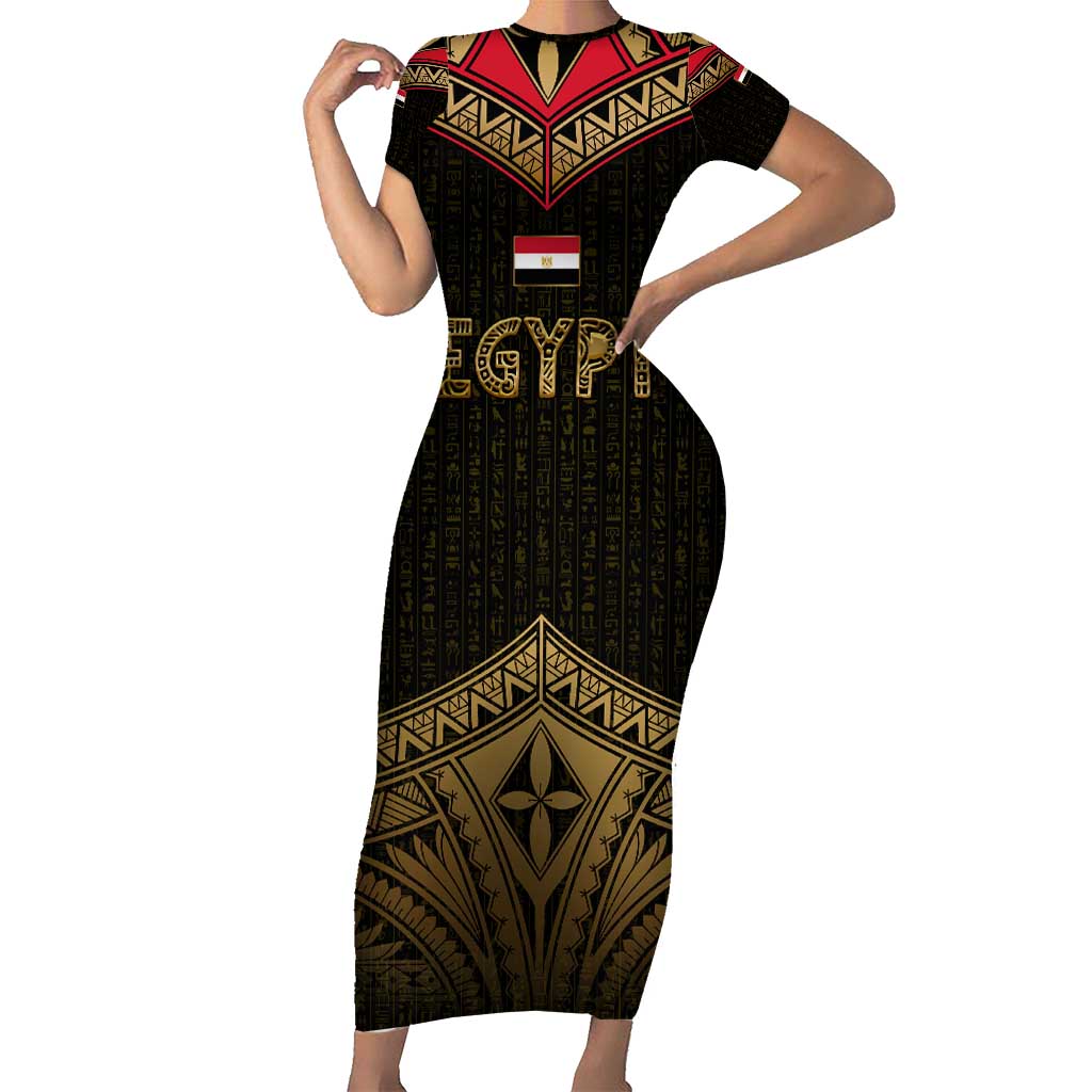 Ankh Eye of Horus Egypt Short Sleeve Bodycon Dress with Ancient Black Gold Hieroglyph Spirit