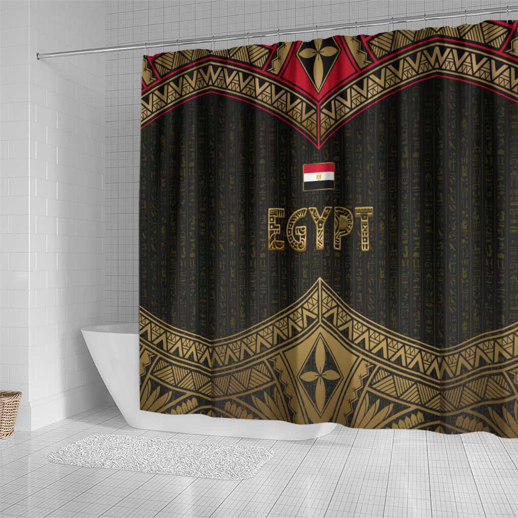 Ankh Eye of Horus Egypt Shower Curtain with Ancient Black Gold Hieroglyph Spirit