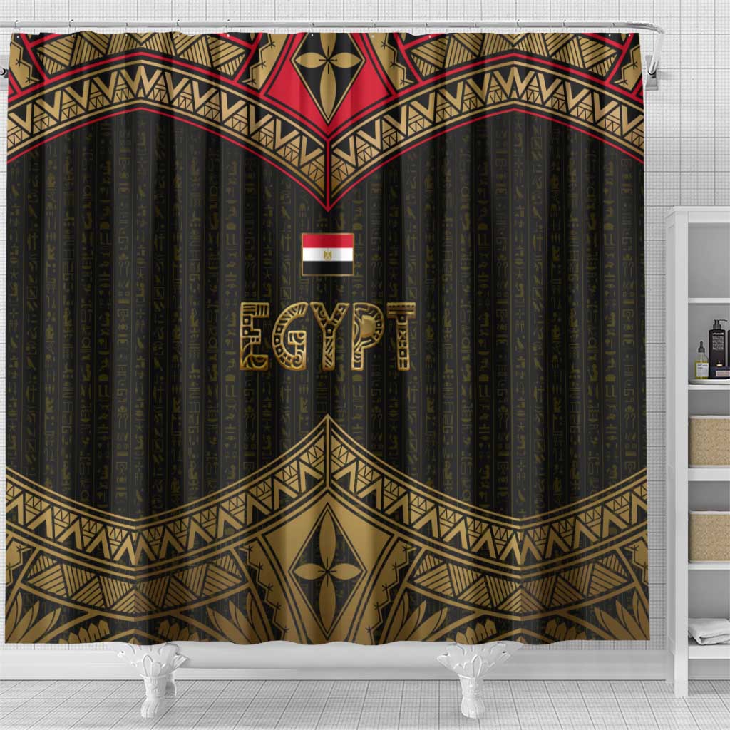 Ankh Eye of Horus Egypt Shower Curtain with Ancient Black Gold Hieroglyph Spirit