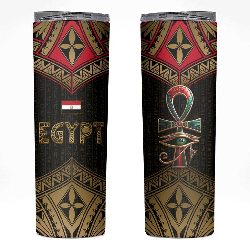 Ankh Eye of Horus Egypt Skinny Tumbler with Ancient Black Gold Hieroglyph Spirit