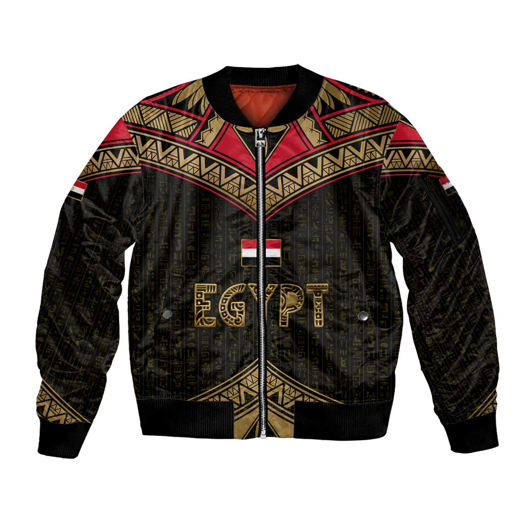 Ankh Eye of Horus Egypt Sleeve Zip Bomber Jacket with Ancient Black Gold Hieroglyph Spirit