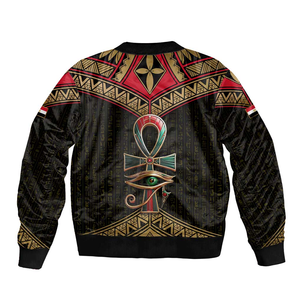 Ankh Eye of Horus Egypt Sleeve Zip Bomber Jacket with Ancient Black Gold Hieroglyph Spirit