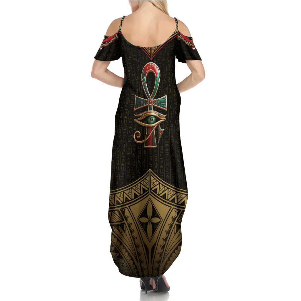 Ankh Eye of Horus Egypt Summer Maxi Dress with Ancient Black Gold Hieroglyph Spirit