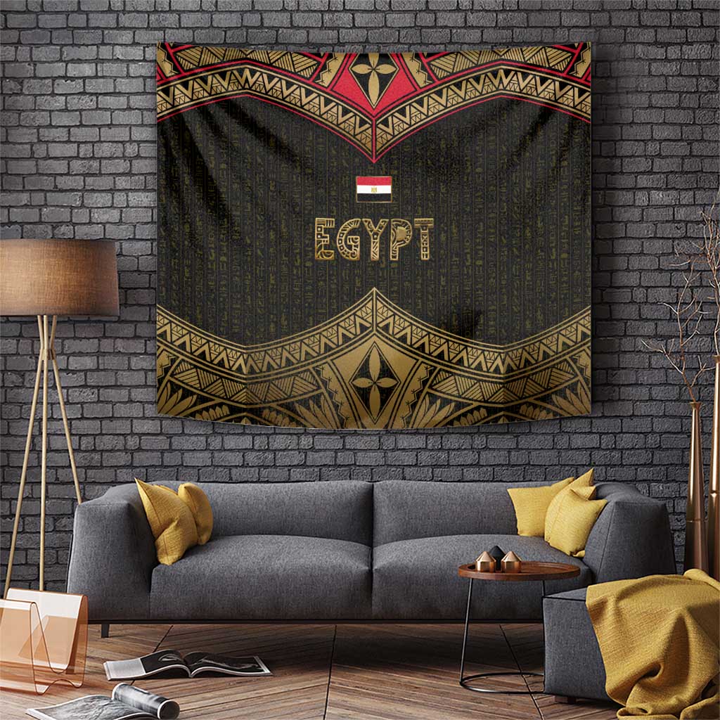 Ankh Eye of Horus Egypt Tapestry with Ancient Black Gold Hieroglyph Spirit