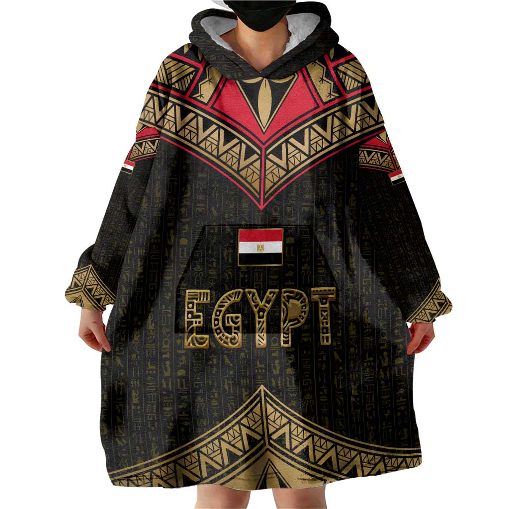 Ankh Eye of Horus Egypt Wearable Blanket Hoodie with Ancient Black Gold Hieroglyph Spirit