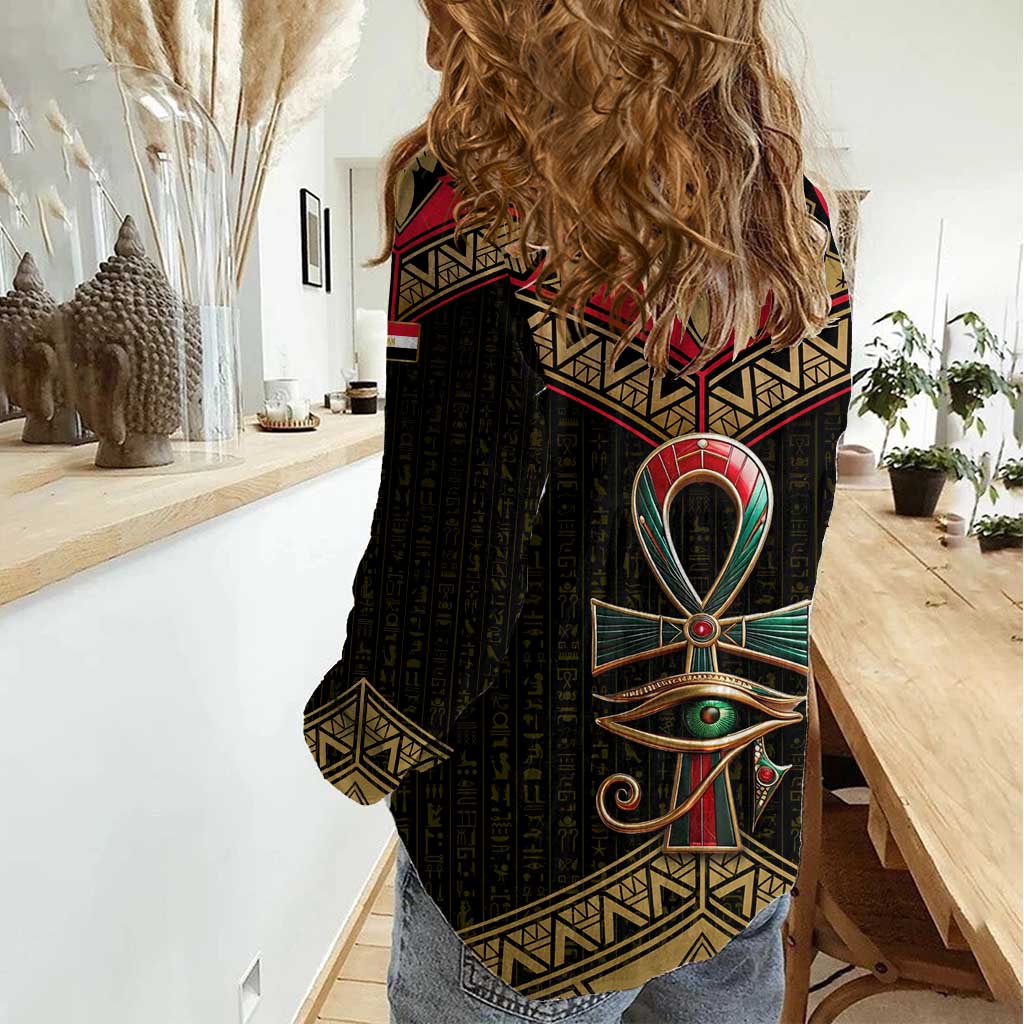 Ankh Eye of Horus Egypt Women Casual Shirt with Ancient Black Gold Hieroglyph Spirit