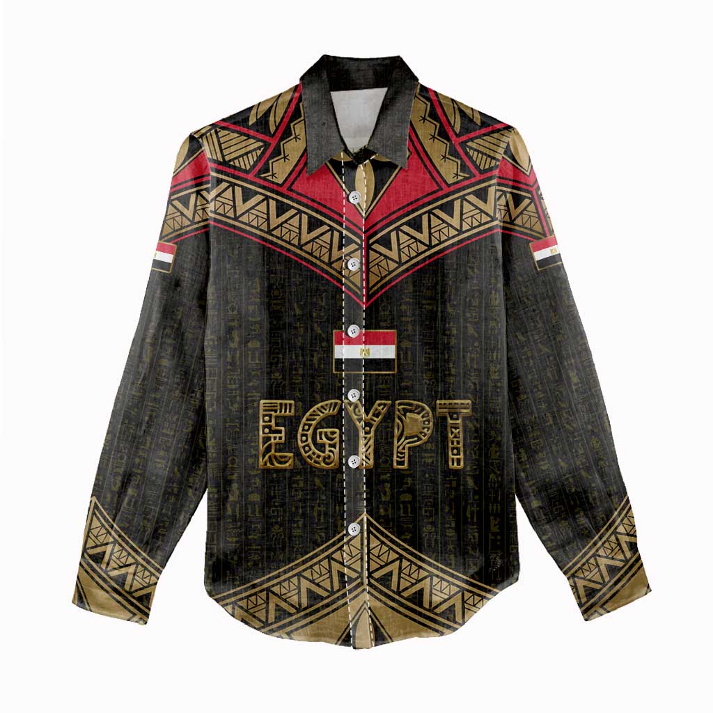 Ankh Eye of Horus Egypt Women Casual Shirt with Ancient Black Gold Hieroglyph Spirit
