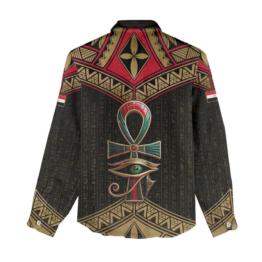 Ankh Eye of Horus Egypt Women Casual Shirt with Ancient Black Gold Hieroglyph Spirit