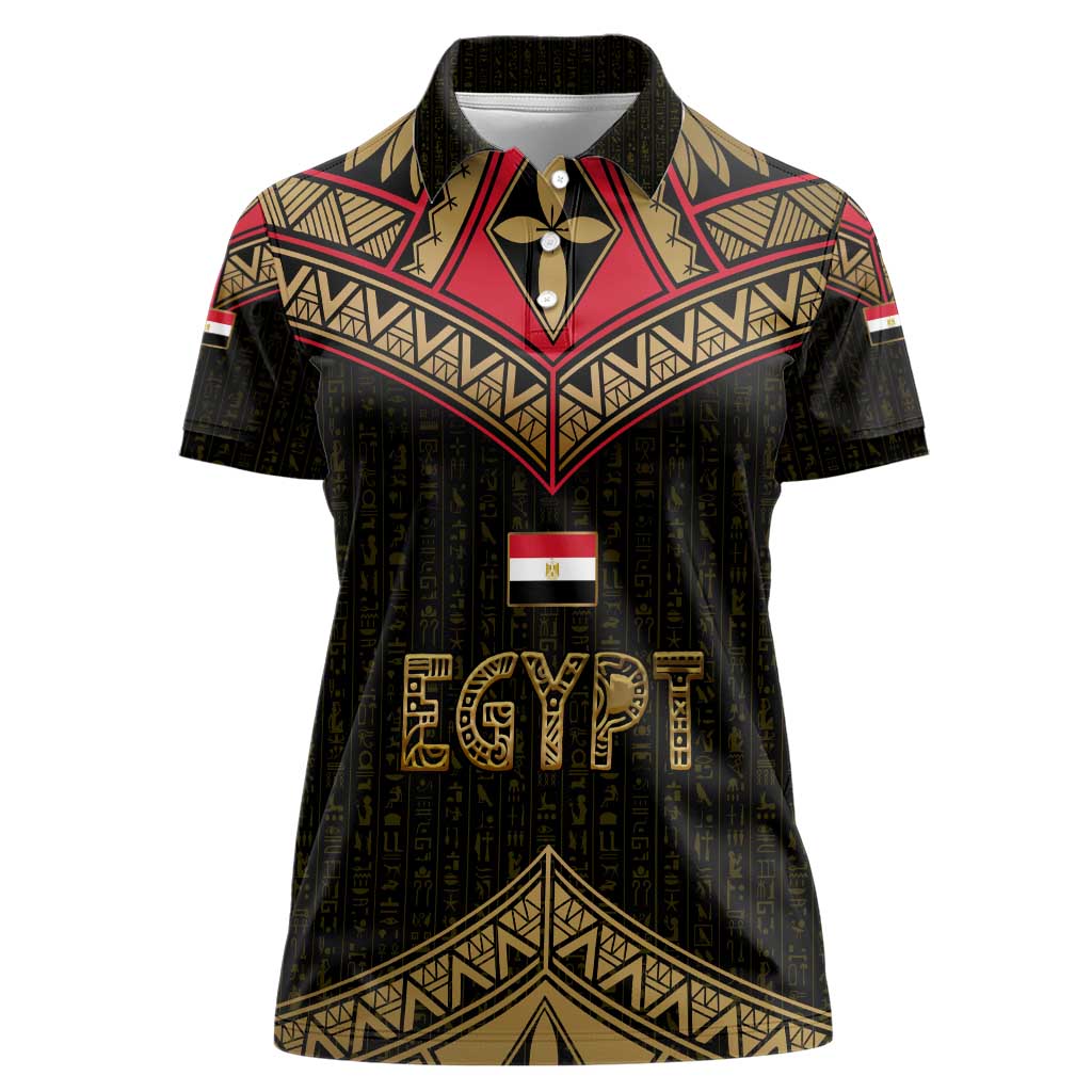 Ankh Eye of Horus Egypt Women Polo Shirt with Ancient Black Gold Hieroglyph Spirit