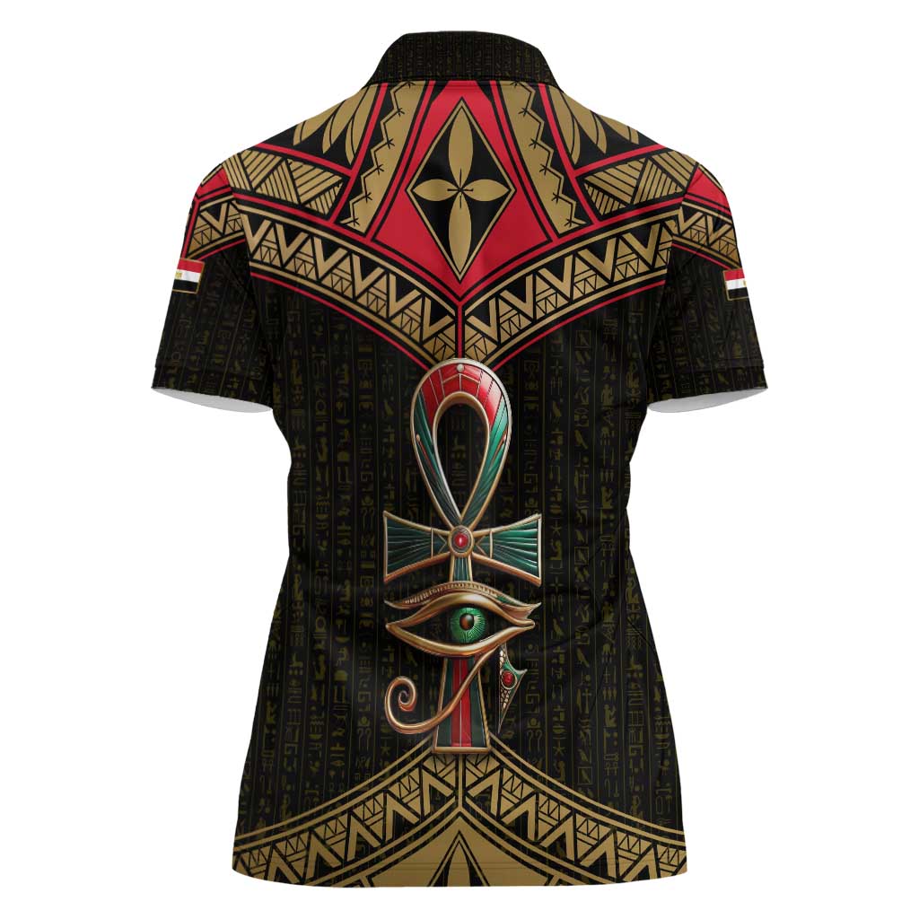 Ankh Eye of Horus Egypt Women Polo Shirt with Ancient Black Gold Hieroglyph Spirit