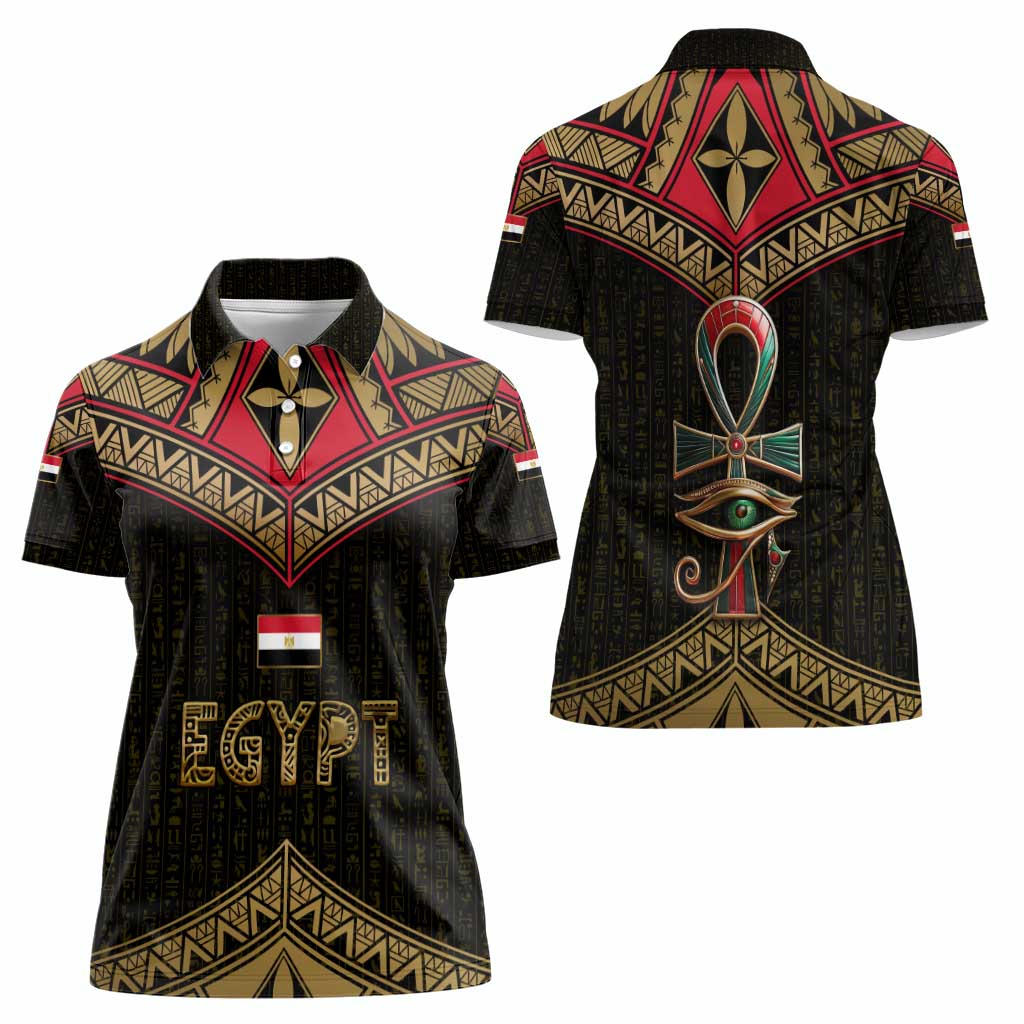 Ankh Eye of Horus Egypt Women Polo Shirt with Ancient Black Gold Hieroglyph Spirit