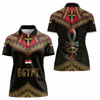 Ankh Eye of Horus Egypt Women Polo Shirt with Ancient Black Gold Hieroglyph Spirit