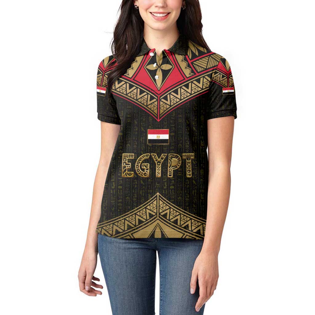 Ankh Eye of Horus Egypt Women Polo Shirt with Ancient Black Gold Hieroglyph Spirit