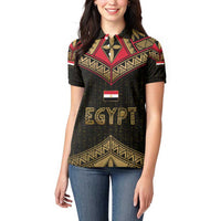 Ankh Eye of Horus Egypt Women Polo Shirt with Ancient Black Gold Hieroglyph Spirit