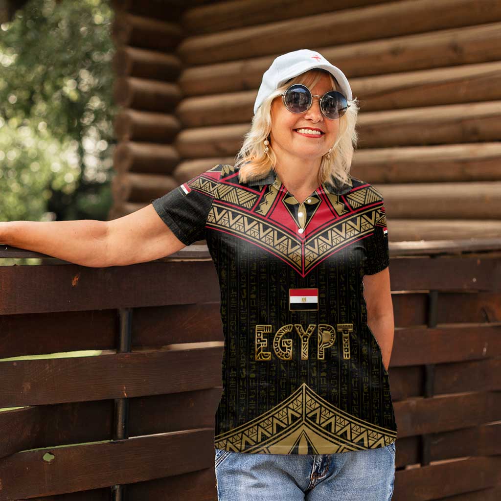 Ankh Eye of Horus Egypt Women Polo Shirt with Ancient Black Gold Hieroglyph Spirit